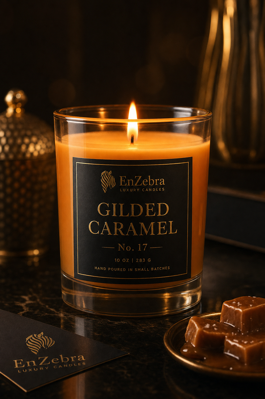 EnZebra Gilded Caramel No. 17 – 10oz Luxury Scented Candle in Clear Glass Vessel