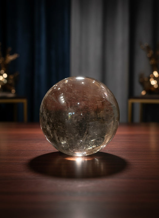 Zebra Industries, LLC collector-grade polished garden quartz sphere with natural inclusions on a wooden table.