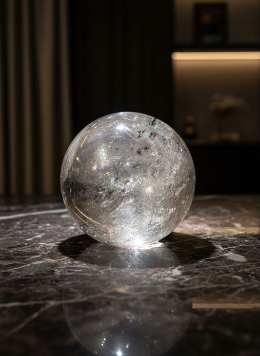 Zebra Industries, LLC large polished garden quartz crystal sphere with internal inclusions on a dark marble surface.