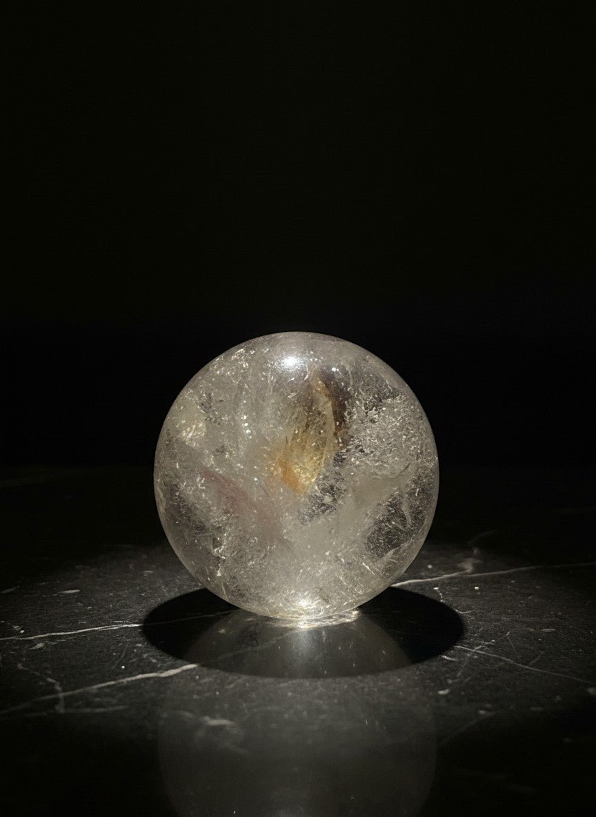 Zebra Industries, LLC collector grade clear garden quartz sphere with visible chlorite phantom inclusions.