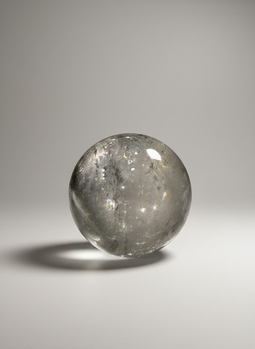 Zebra Industries, LLC collector grade garden quartz crystal sphere with clear inclusions on a white background.