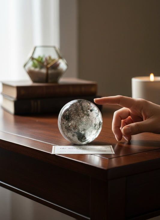 Zebra Industries, LLC collector grade garden quartz sphere with green mineral inclusions on a wooden desk.