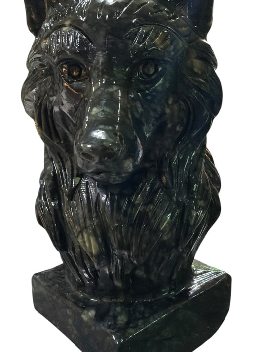 Zebra Industries, LLC handcarved dark green jade wolf sculpture, 8 lbs, detailed fur and facial features.