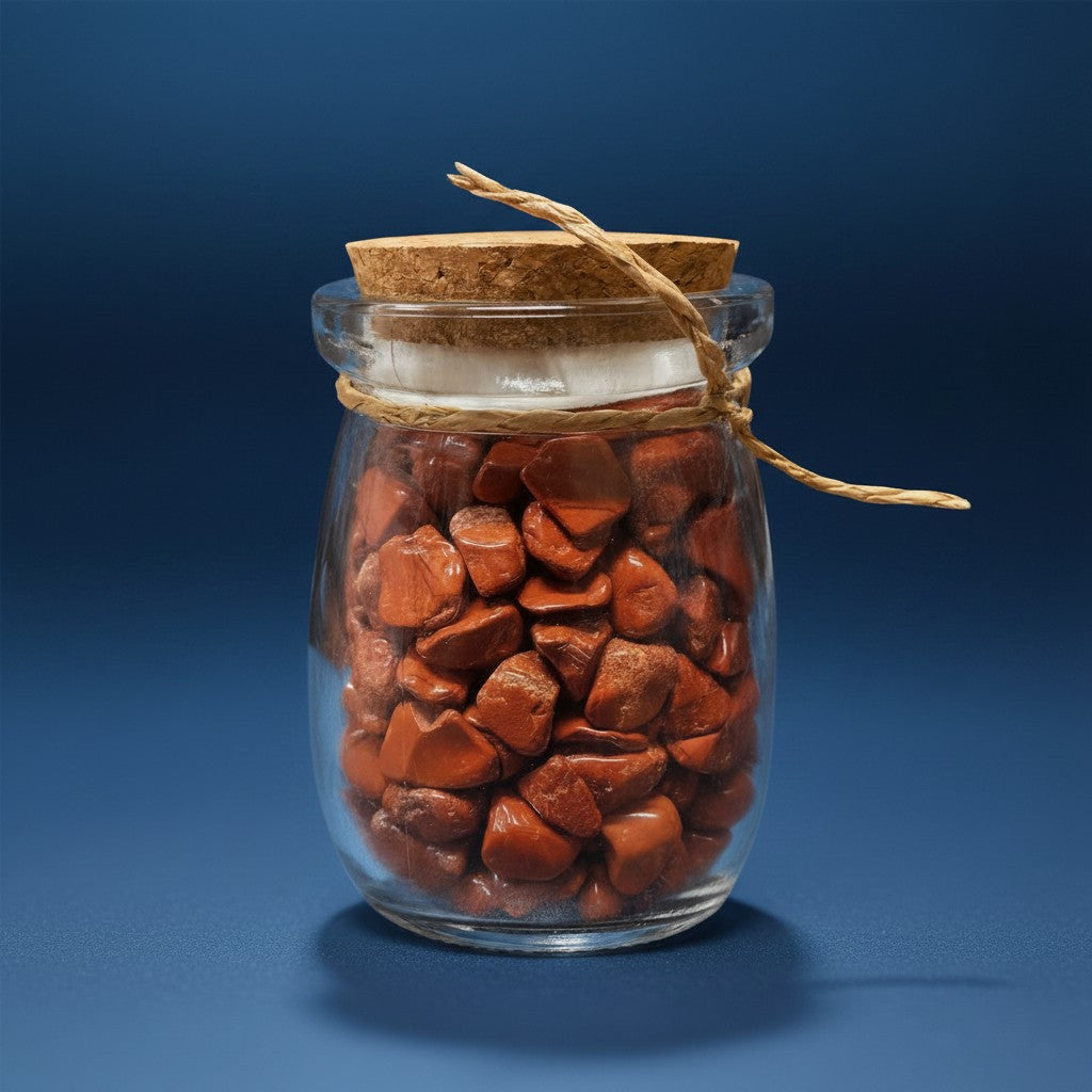 Zebra Industries, LLC glass jar filled with polished red jasper tumbled crystal chips and a natural cork stopper.