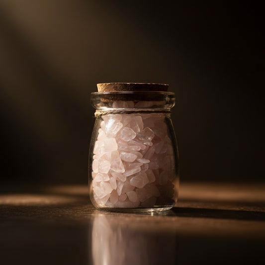 Zebra Industries, LLC glass jar filled with smooth pale pink rose quartz crystal chips and topped with a cork stopper.