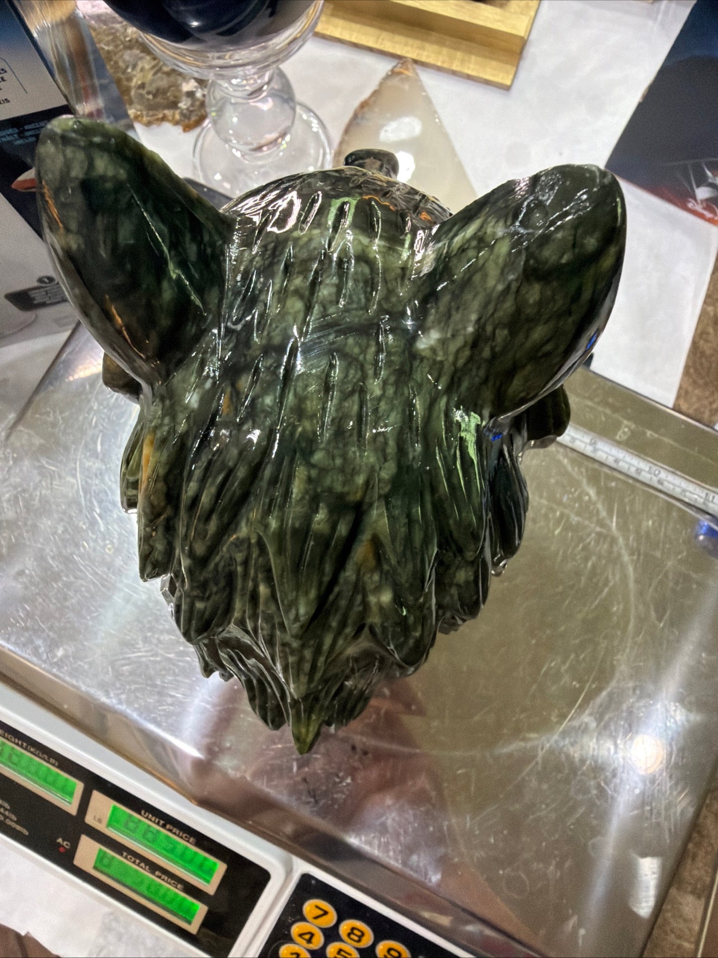 Hand-Carved Jade Wolf Head Sculpture — 9 lb Natural Stone