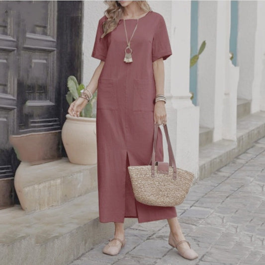 Cotton and linen solid color loose round neck short sleeved dress for women