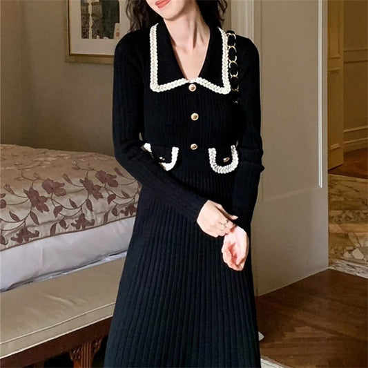 French style small fragrant style lapel slimming knit dress for women in autumn slim fit slimming high waisted base long skirt