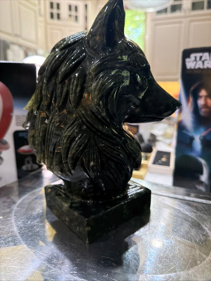Hand-Carved Jade Wolf Head Sculpture — 9 lb Natural Stone