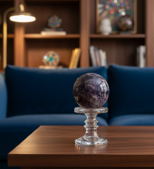 product · front view (photo 2026 06 29t14 24 12 102z) Amyethst Crystal Sphere with vintage stand