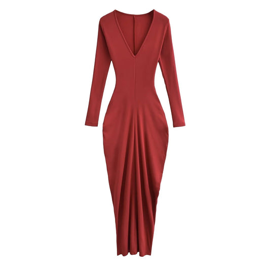 French Sexy Brushed Spicy Girl Dress Women's Autumn and Winter Waist Wrapped Deep V-Neck Slim Wrapped Hip Sweeping Long Dress
