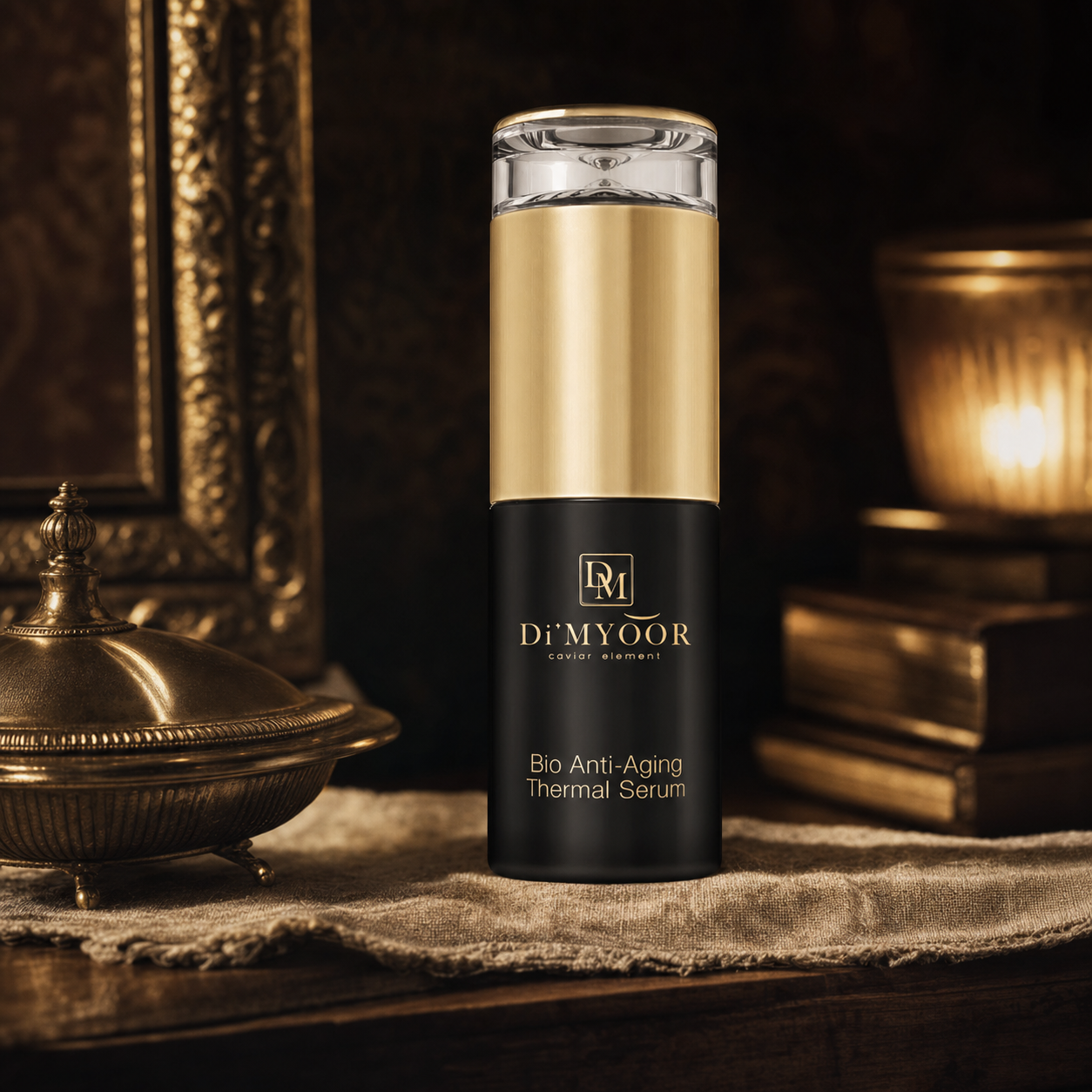 Di'MYOOR Caviar Thermal Serum — vintage luxury editorial photograph on antique linen with brass accent props and warm amber lighting
