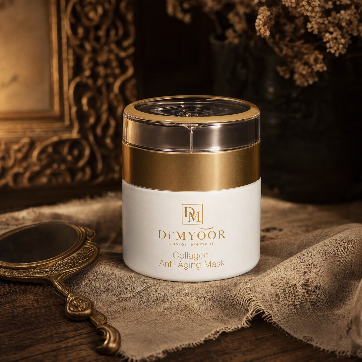 Di'MYOOR Collagen Anti-Aging Mask — vintage luxury editorial photograph on antique linen with brass vintage mirror and warm amber lighting