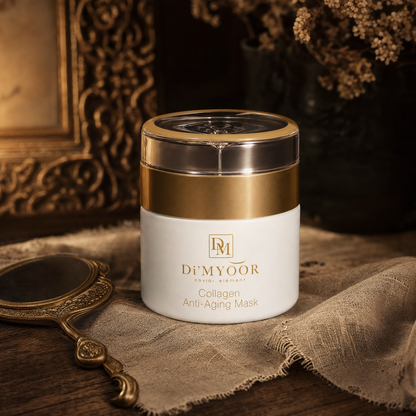 Di'MYOOR Collagen Anti-Aging Mask — vintage luxury editorial photograph on antique linen with brass vintage mirror and warm amber lighting