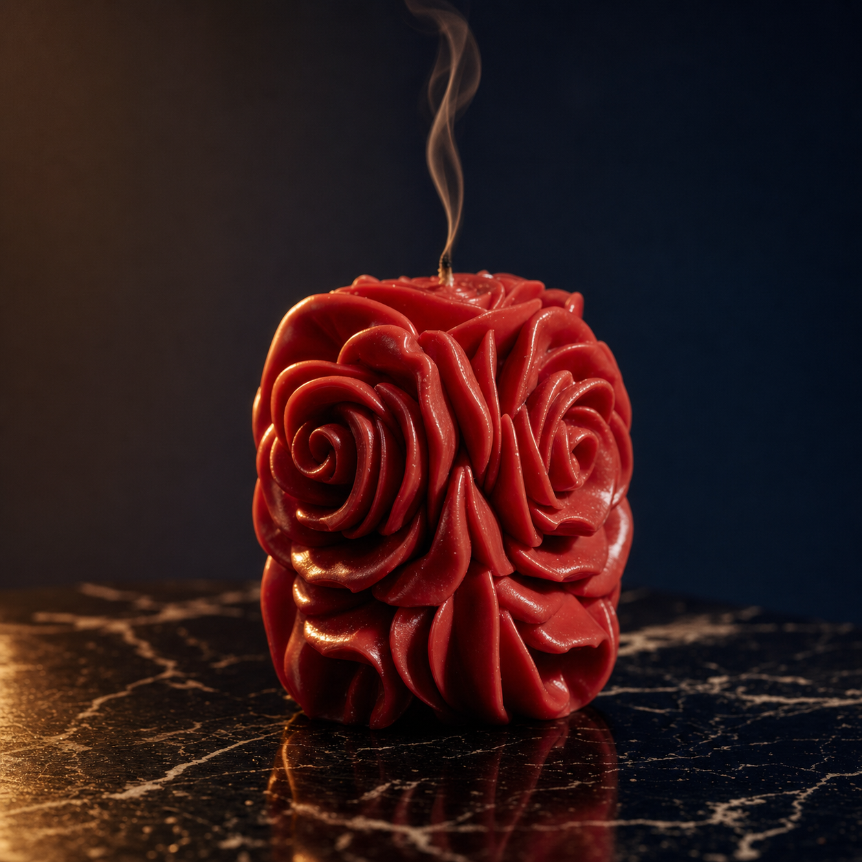 Rose Pillar Candle — luxury editorial product photograph on dark Marquina marble with warm candlelight and smoke wisp