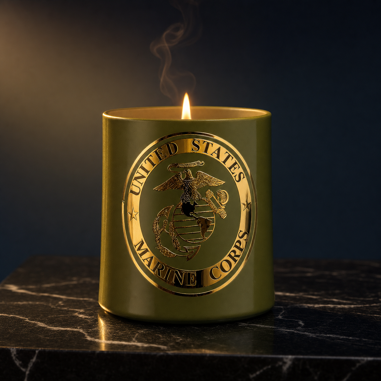 Honor Series USMC Candle — luxury editorial product photograph on dark Marquina marble with warm candlelight