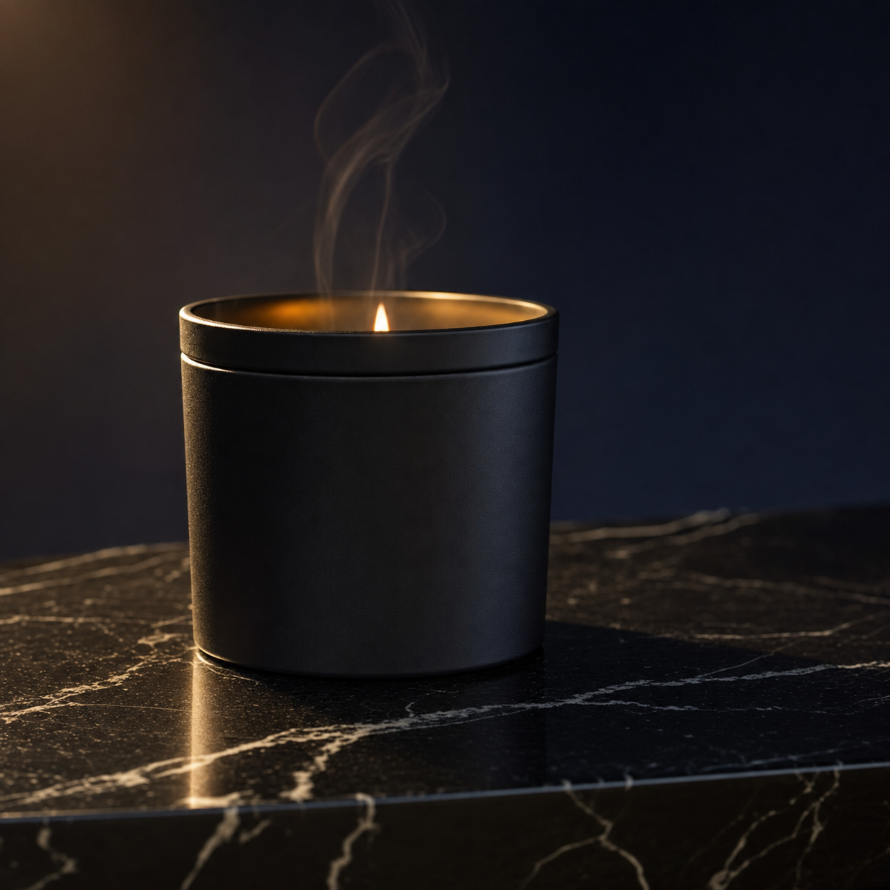 Obsidian Brew No. 08 Black Tin Candle — luxury editorial product photograph on dark Marquina marble with lit flame and dramatic sidelight