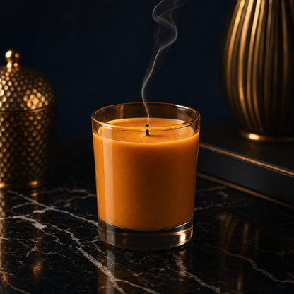 Gilded Caramel No. 17 Candle — luxury editorial product photograph on dark Marquina marble with warm 2700K sidelight and gold accent props