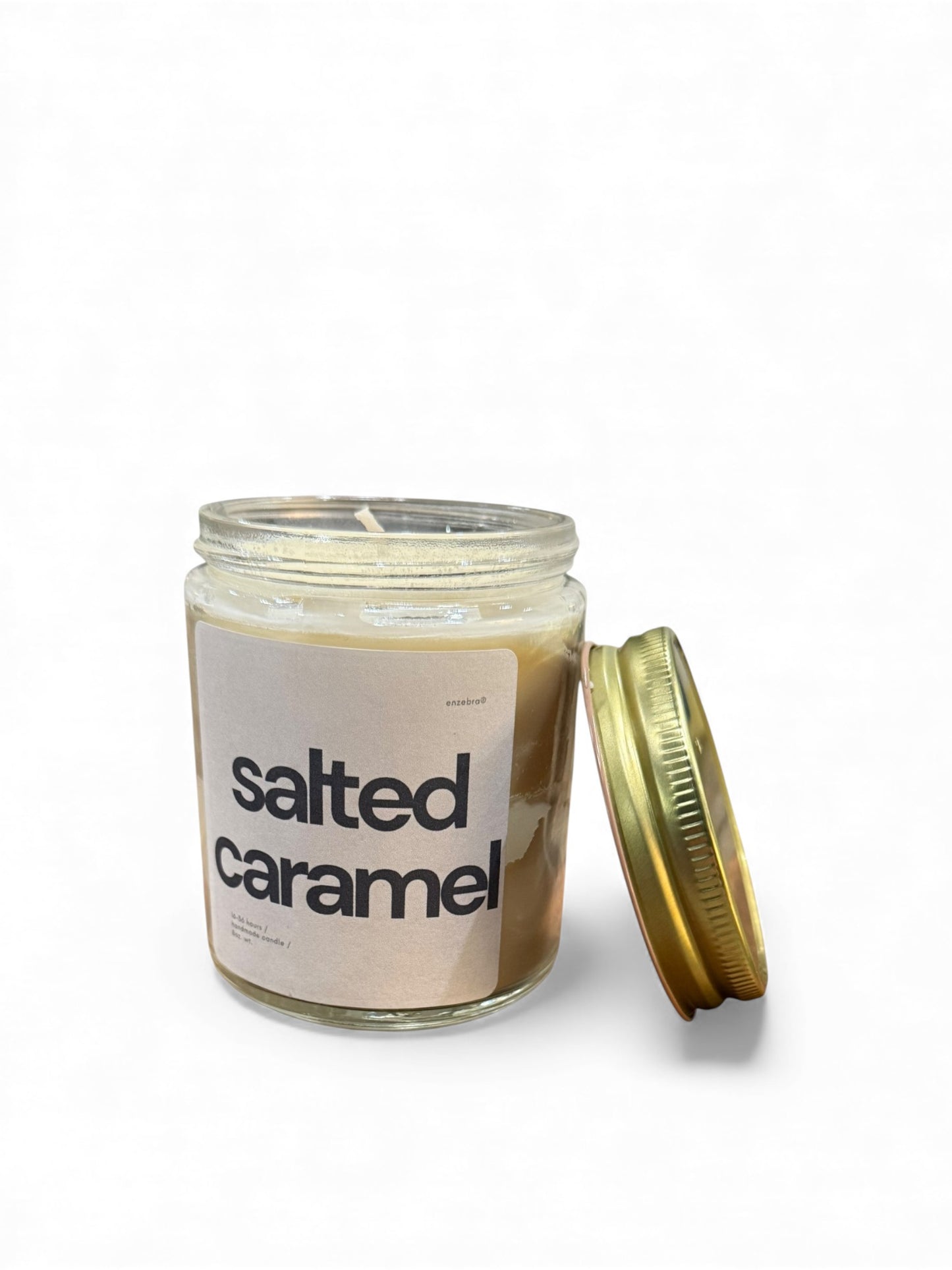 EnZebra Salted Caramel No. 21 — 10 oz clear glass candle vessel additional angle