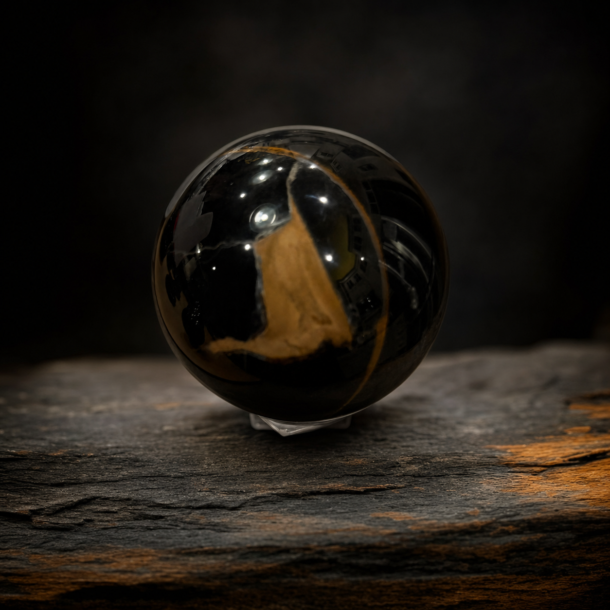 Blue Tigers Eye Sphere — gallery-quality editorial photograph on weathered dark wood surface with warm studio lighting