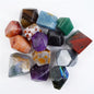 Overhead view of 14 polished freeform mineral palm stones in a circular arrangement on white background, showcasing amethyst purple, blue onyx, red jasper, green aventurine, hematite silver, labradorite iridescent blue, ocean jasper, and tiger eye varieties