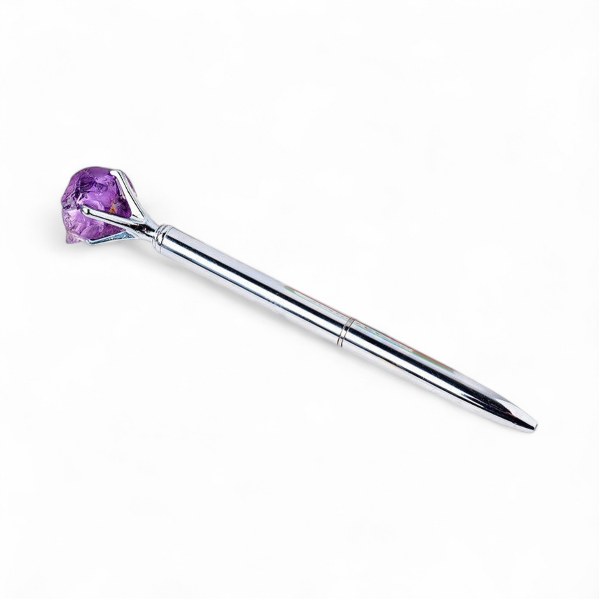 Raw Gemstone Crystal Ballpoint Pen — Natural Rough Stone Topper Amethyst Rose Quartz Fluorite Collector Gift 14.5cm