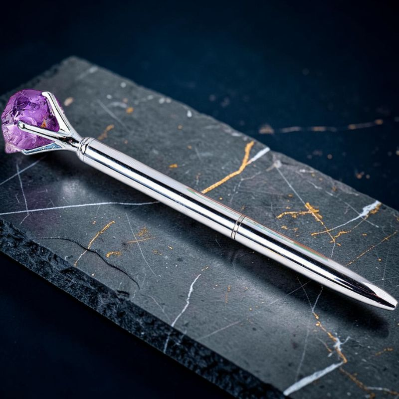 Raw Gemstone Crystal Ballpoint Pen — Natural Rough Stone Topper Amethyst Rose Quartz Fluorite Collector Gift 14.5cm — styled