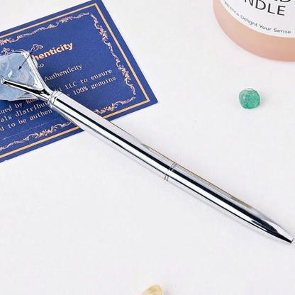 Raw Gemstone Crystal Ballpoint Pen — Natural Rough Stone Topper Amethyst Rose Quartz Fluorite Collector Gift 14.5cm — shown with measuring tape for scale