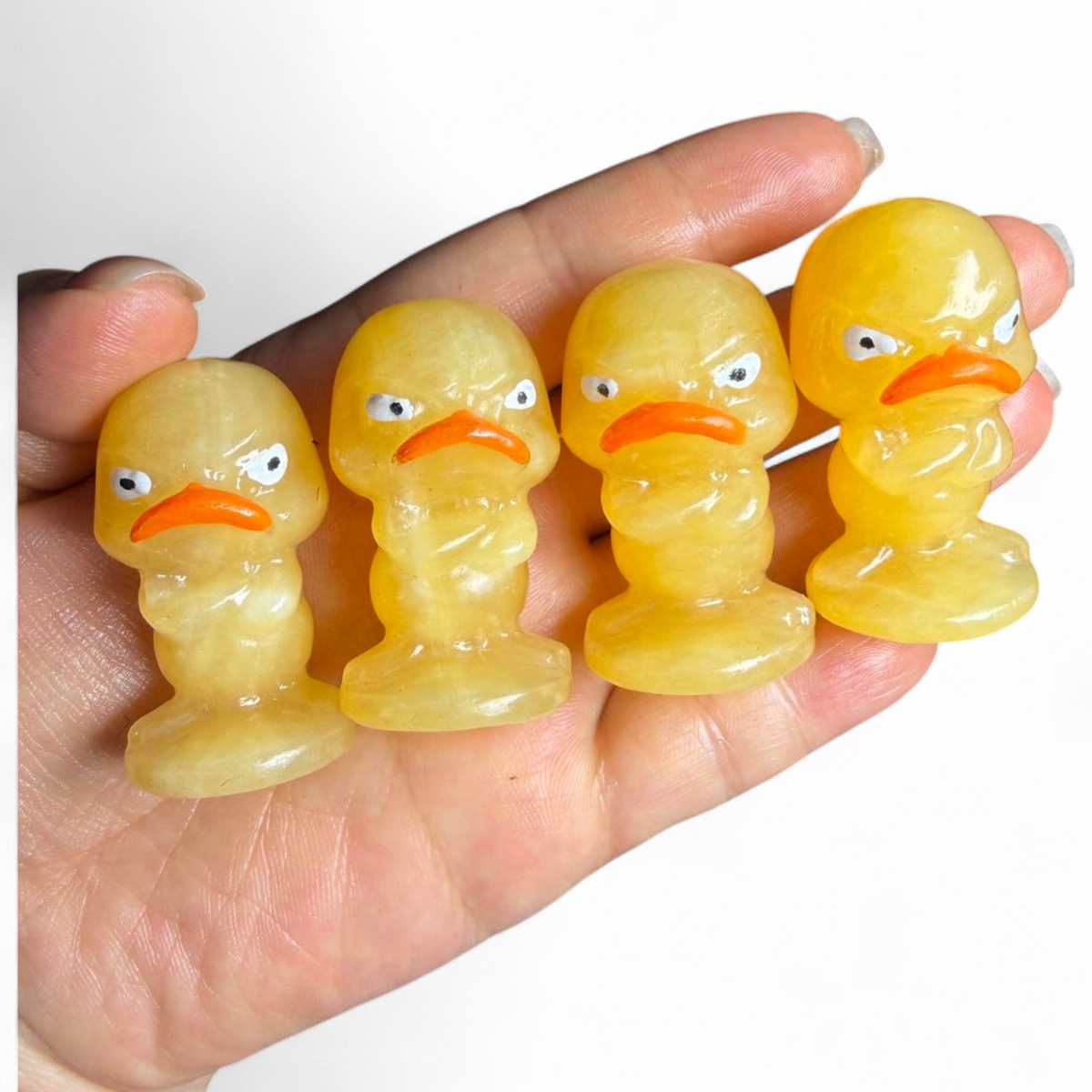 Orange Calcite Carved Grumpy Duck Figurines Set of 4 — Polished Crystal Carving Collector Display Piece