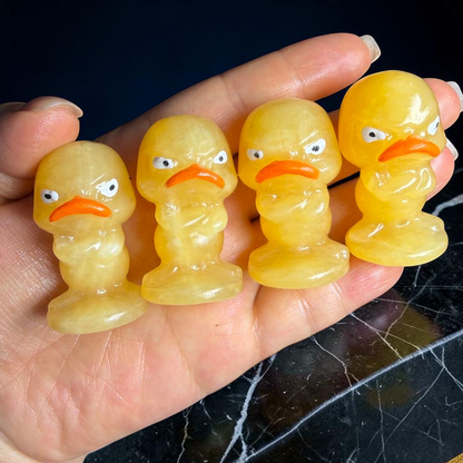 Orange Calcite Carved Grumpy Duck Figurines Set of 4 — Polished Crystal Carving Collector Display Piece — styled