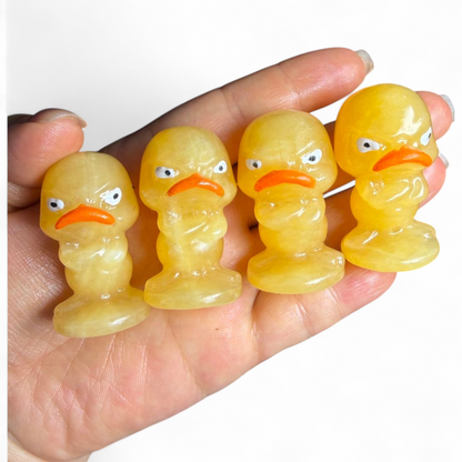 Orange Calcite Carved Grumpy Duck Figurines Set of 4 — Polished Crystal Carving Collector Display Piece — back view