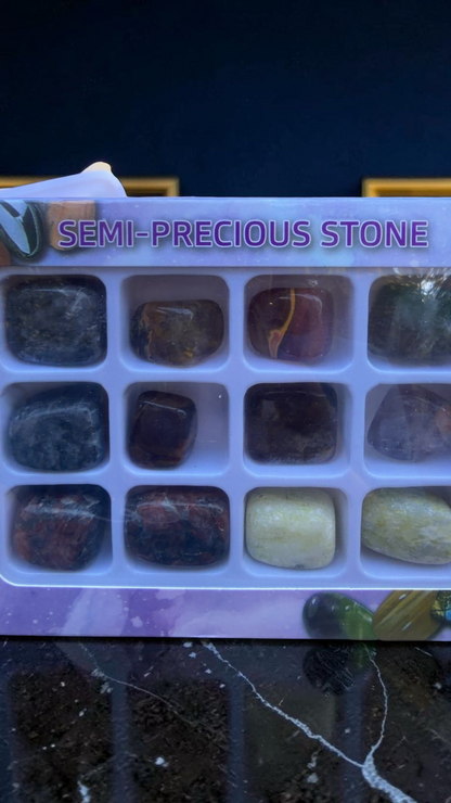 Semi-Precious Tumbled Stone Collection Set — 20 Variety Specimens | Labradorite Amethyst Jasper Fluorite Collector Kit — styled