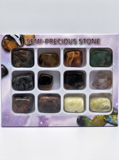 Tumbled Semi-Precious Stone Assortment Set — 12-Piece Mixed Gemstone Collection | Crystal Variety Pack Collector Gift — shown with measuring tape for scale
