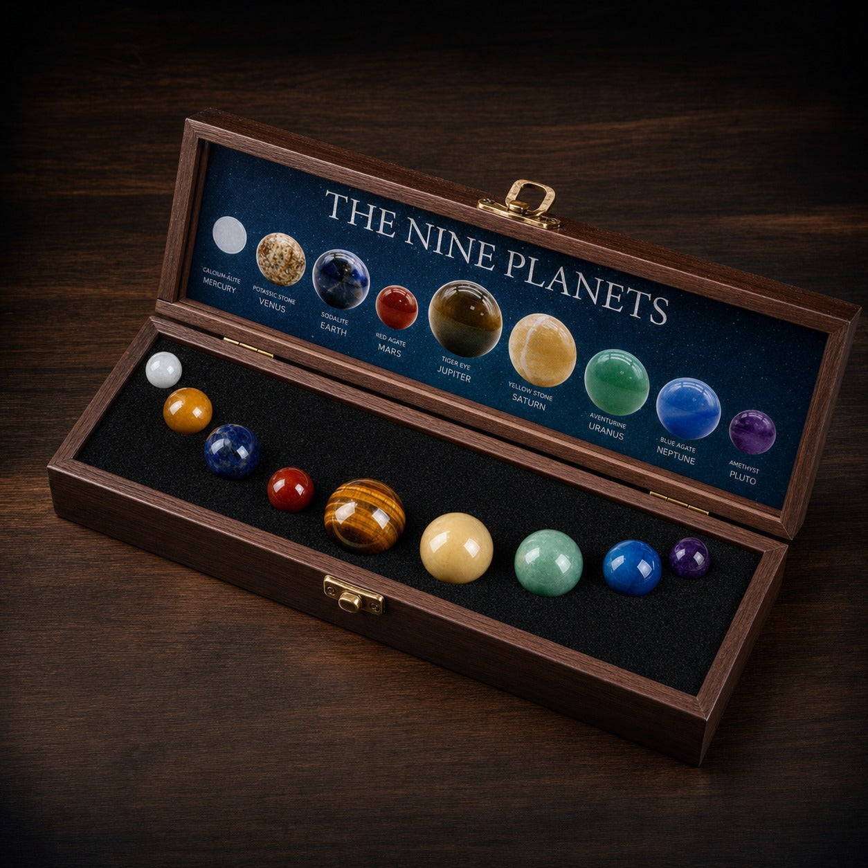 Solar System 9-Planet Gemstone Display in Wooden Box