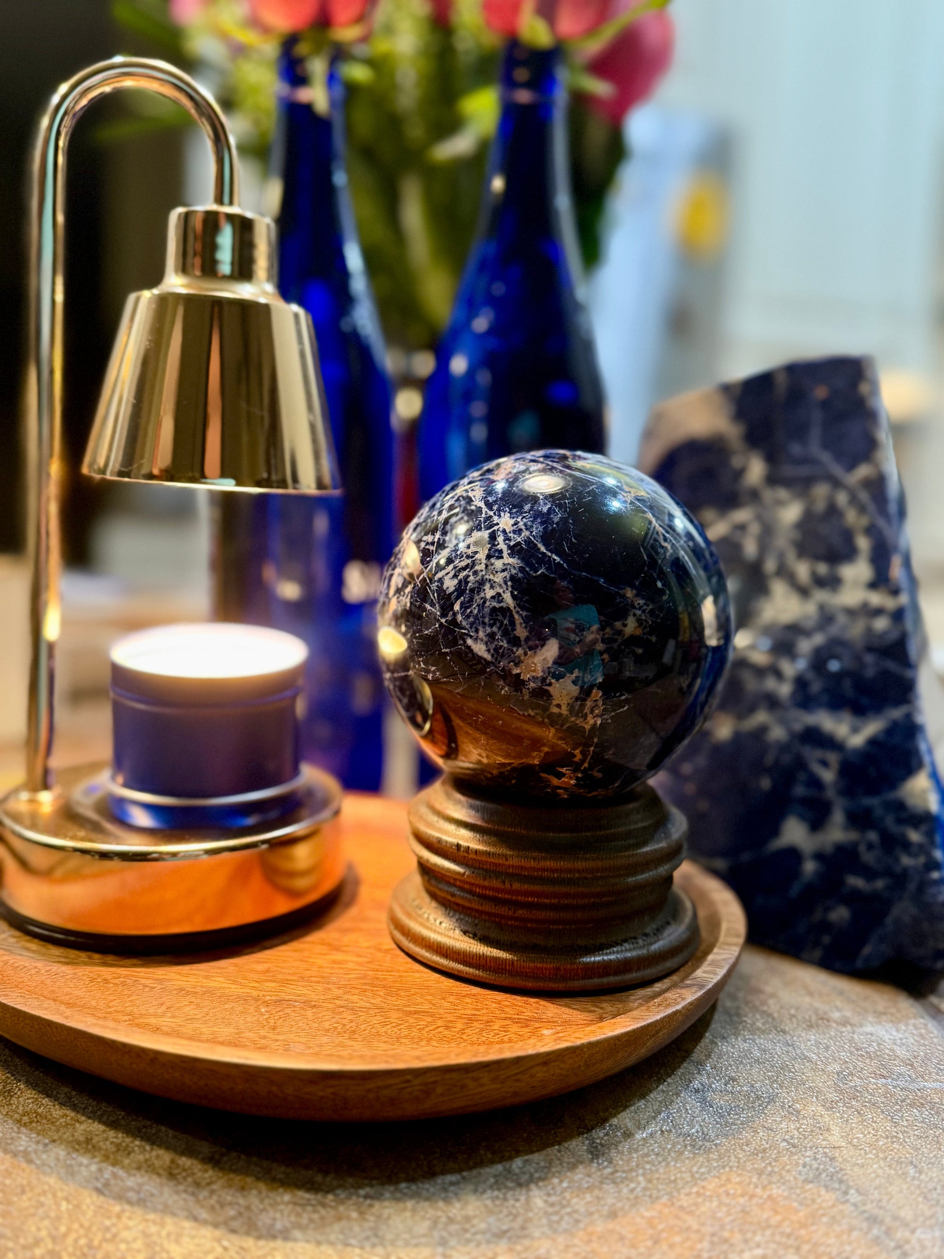zExclusive Deep Blue Sodalite Sphere on Pedestal — detail view