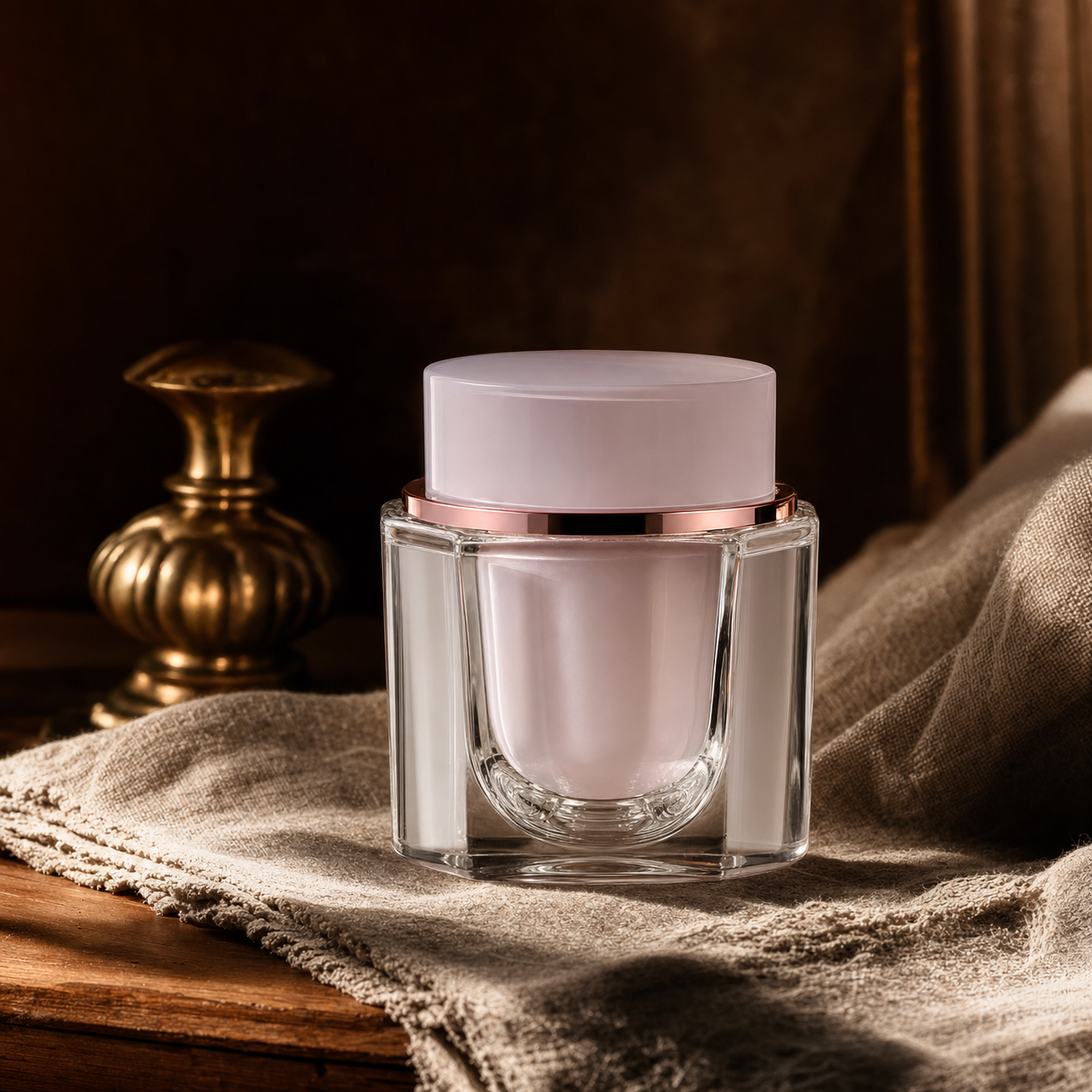L'Core Paris Brightening Cream — vintage luxury editorial photograph on antique linen with gold brass accent and warm amber lighting