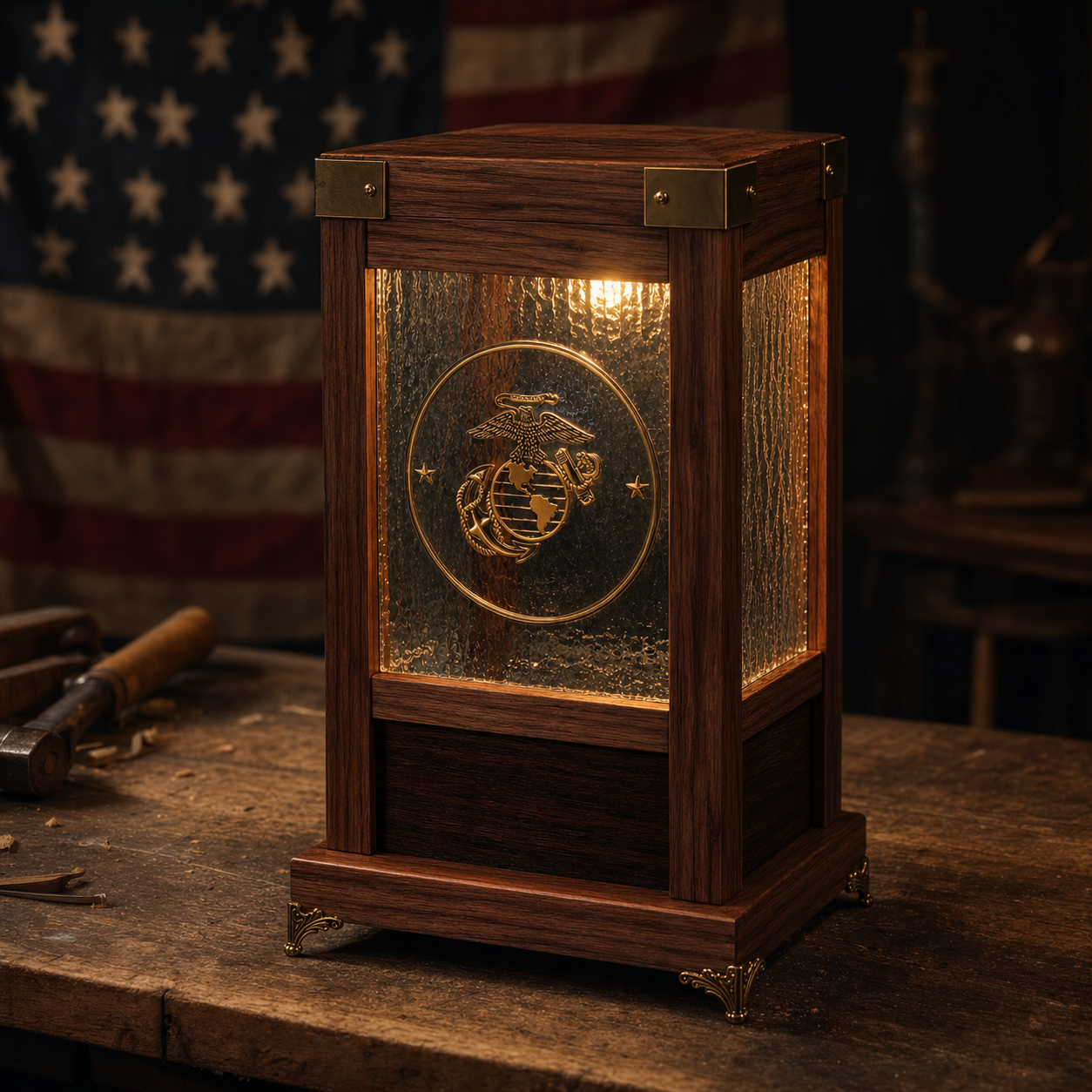 Military Tribute Lamp — warm workshop editorial photograph on oak workbench with American flag bokeh background and 2700K glow