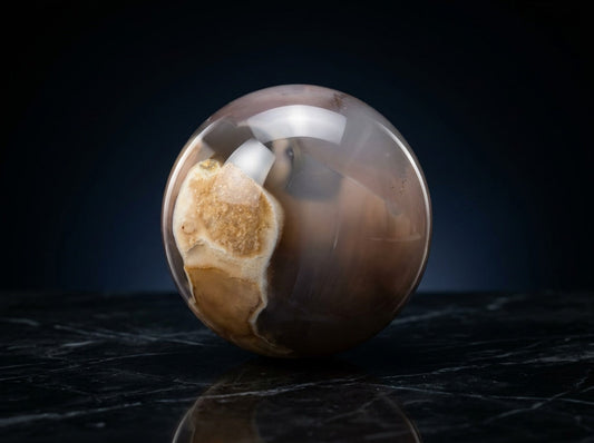 Agate Sphere — Polished Natural Banded Agate Ball with Purple, Cream, and Druzy Inclusions
