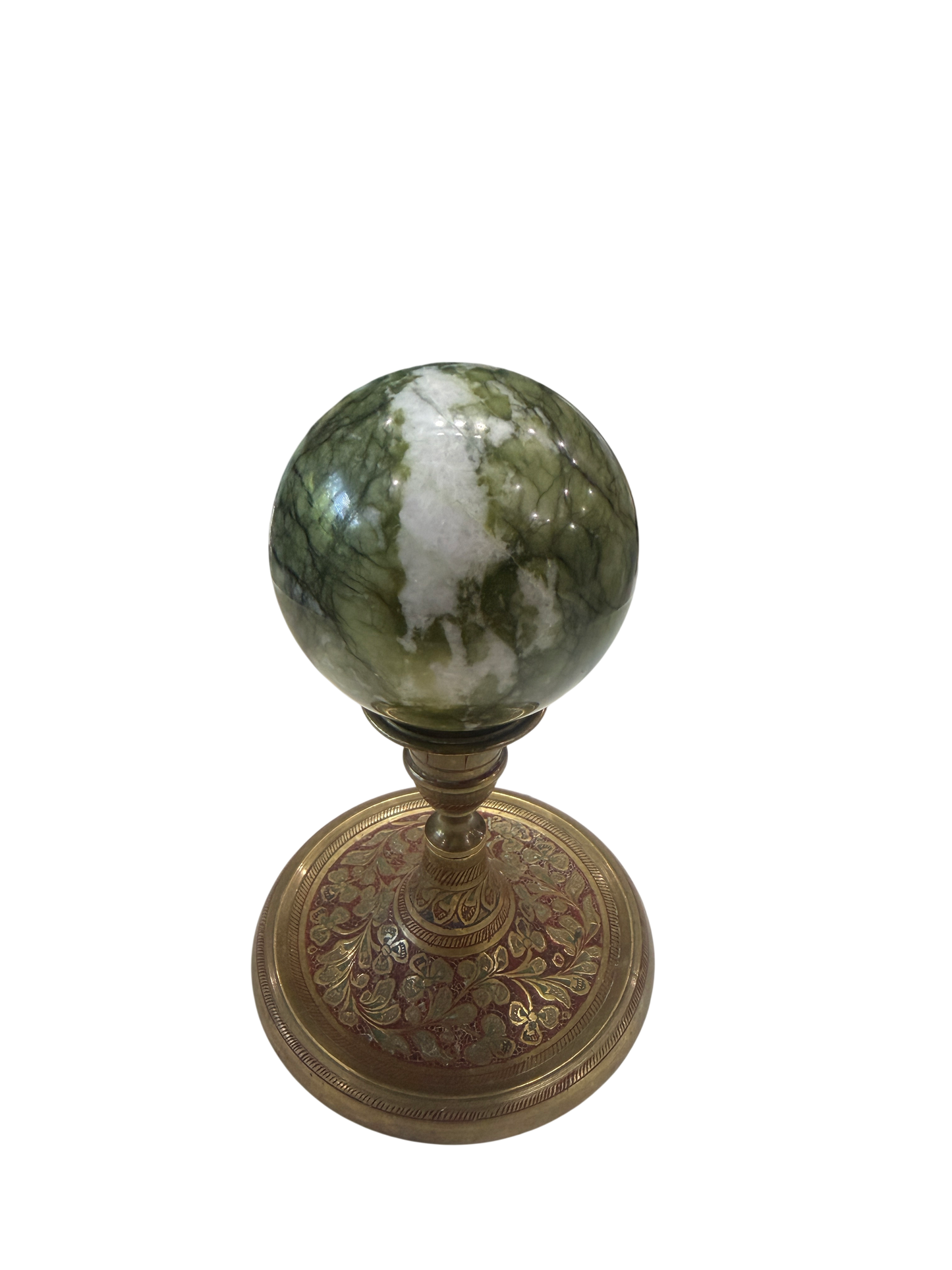 Green Serpentine Polished Sphere with White Quartz Veining — 80mm, 0.75 lb (Stand Not Included)
