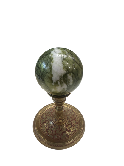 Green Serpentine Polished Sphere with White Quartz Veining — 80mm, 0.75 lb (Stand Not Included)