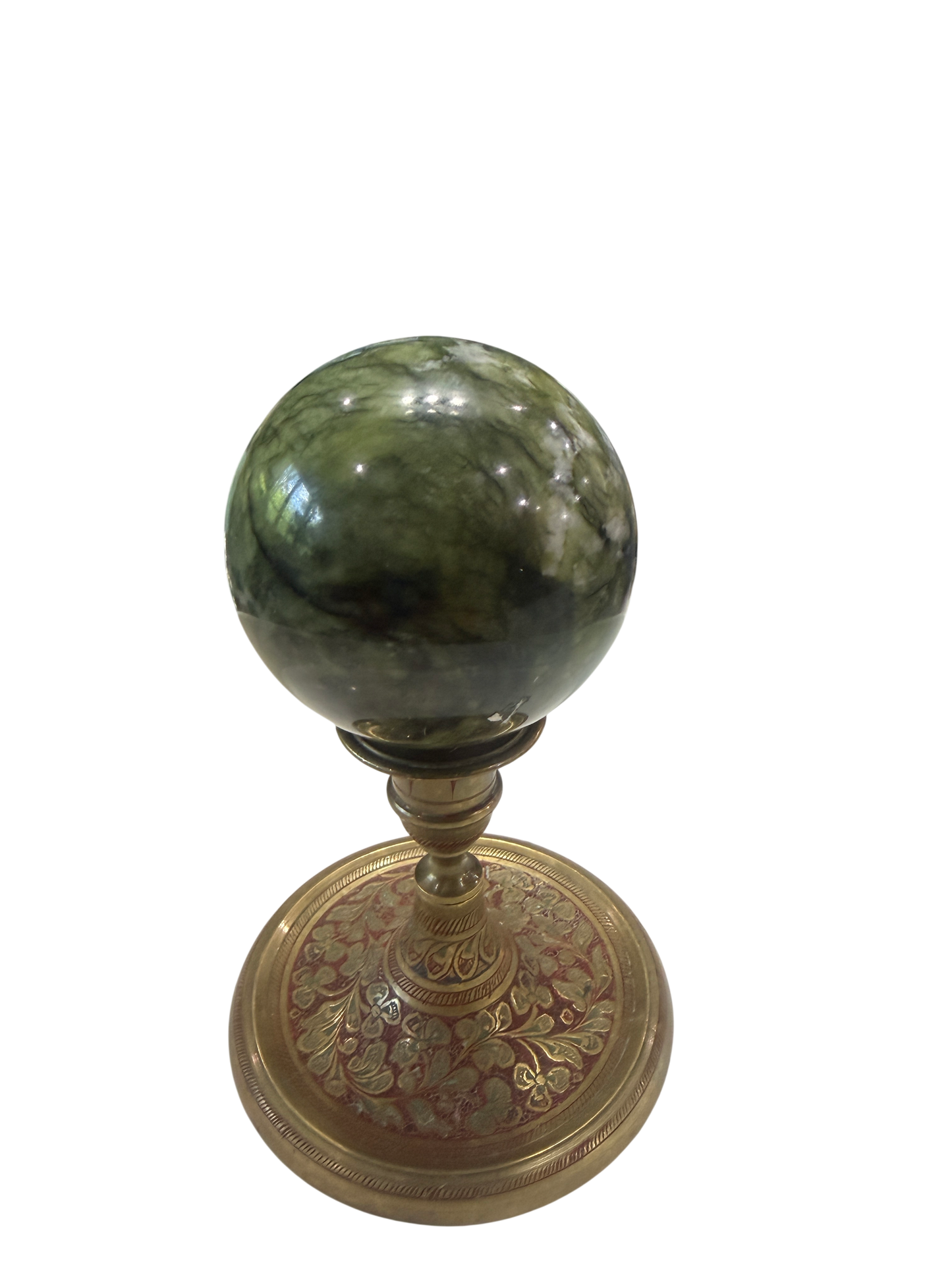 Green Serpentine Polished Sphere with White Quartz Veining — 80mm, 0.75 lb (Stand Not Included)