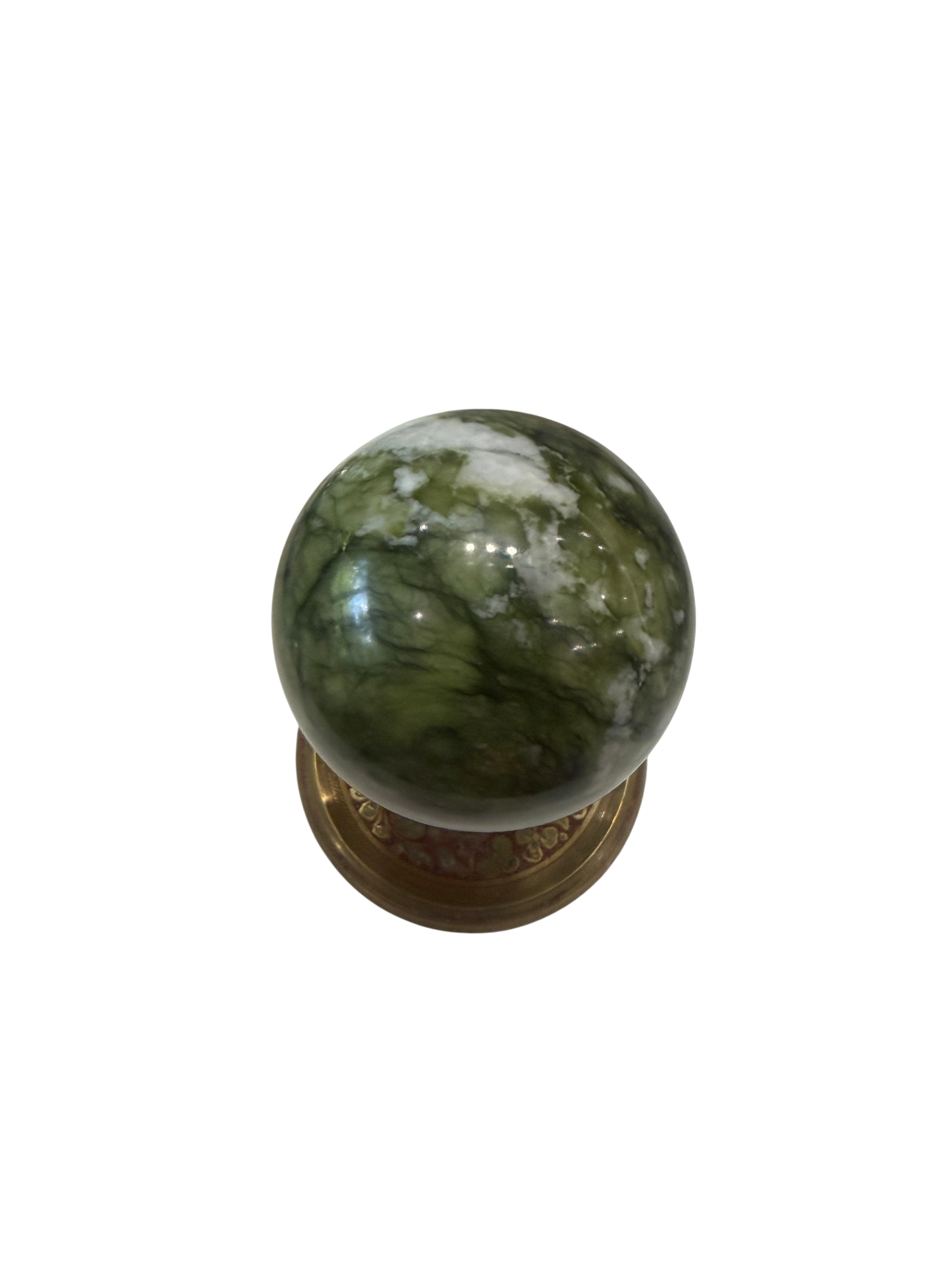 Green Serpentine Polished Sphere with White Quartz Veining — 80mm, 0.75 lb (Stand Not Included)