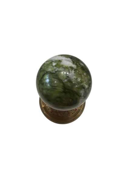 Green Serpentine Polished Sphere with White Quartz Veining — 80mm, 0.75 lb (Stand Not Included)
