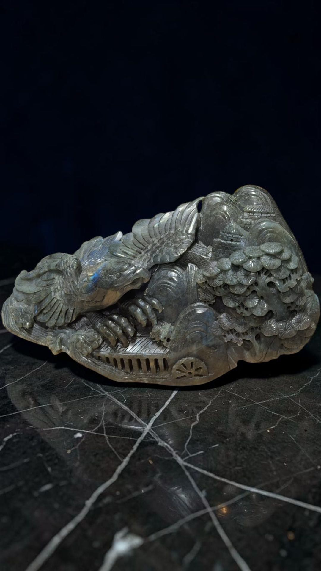 Labradorite Hand-Carved Dragon Phoenix Sculpture XL — Collector Grade Gemstone Art Verified Vintage Estate Find — styled