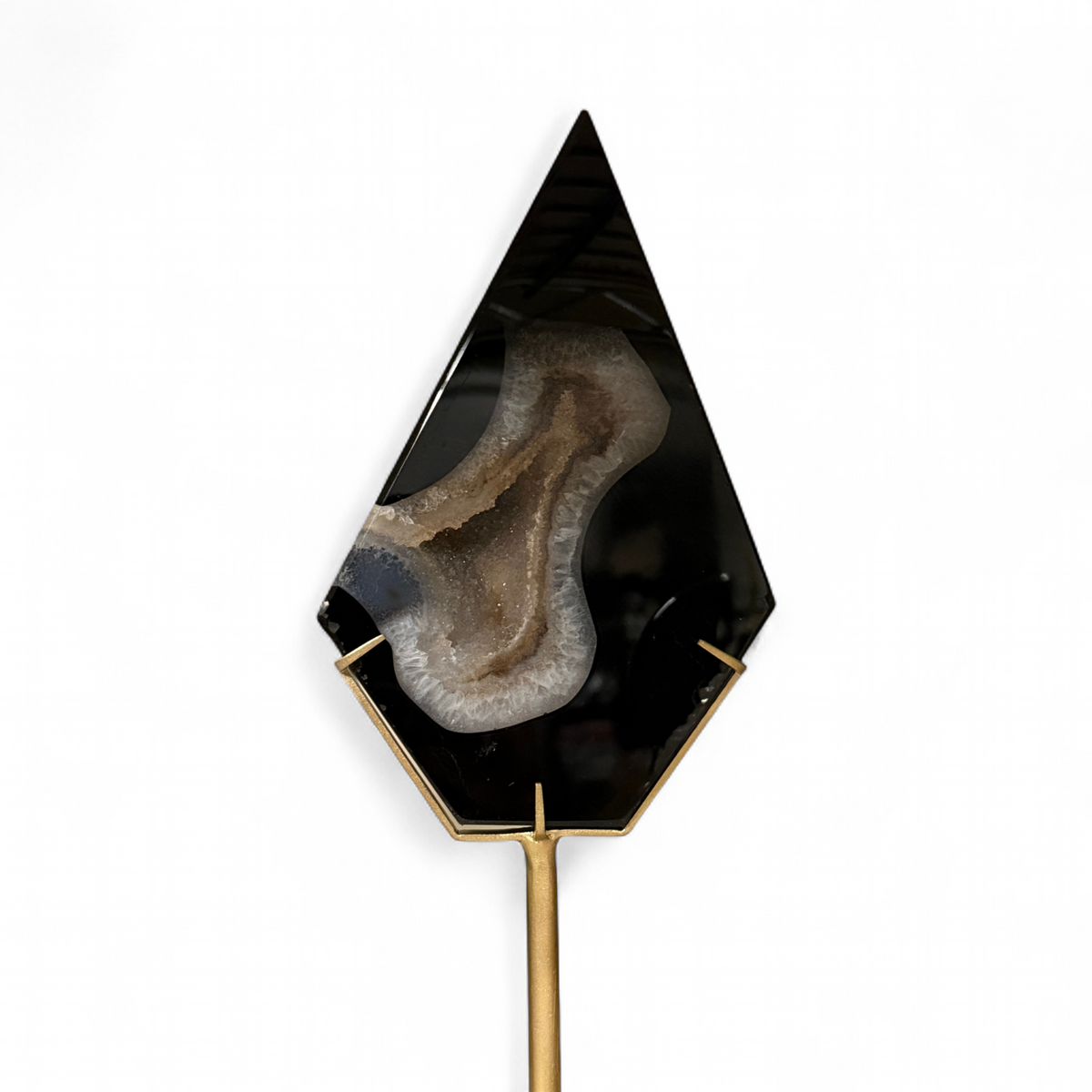 Black Agate Geode Slab Diamond-Cut Polished Specimen with Druzy Quartz Interior — Collector Display Piece Cabinet Grade