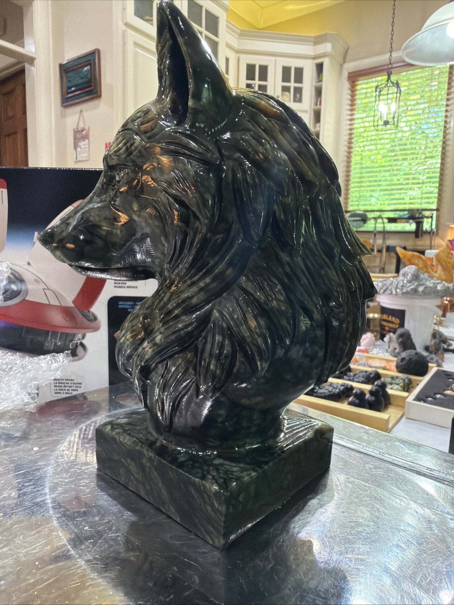Hand-Carved Jade Wolf Head Sculpture — 9 lb Natural Stone