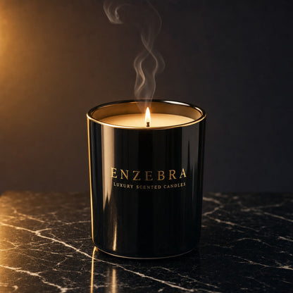 EnZebra Obsidian Black 14oz luxury scented candle — lit on black marble