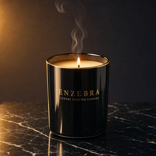 EnZebra Obsidian Black 14oz luxury scented candle — lit on black marble