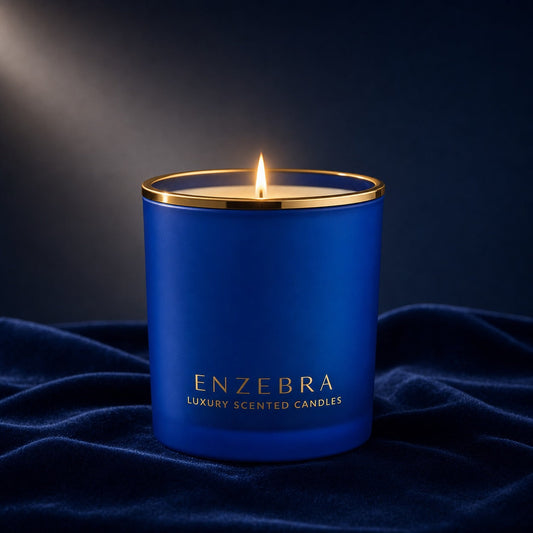 EnZebra Royal Blue 8oz luxury scented candle — lit on navy velvet