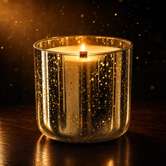 EnZebra Mercury Gold Speckle 24oz candle — wood wick lit with golden bokeh